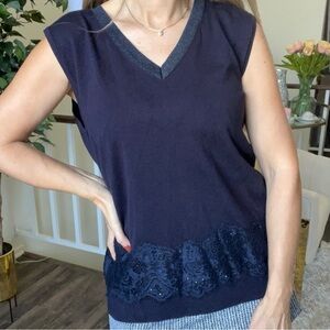 Grege Sleeveless V Neck Lace Beaded Hem Detail Navy Blue Knit Top Shirt Size XL